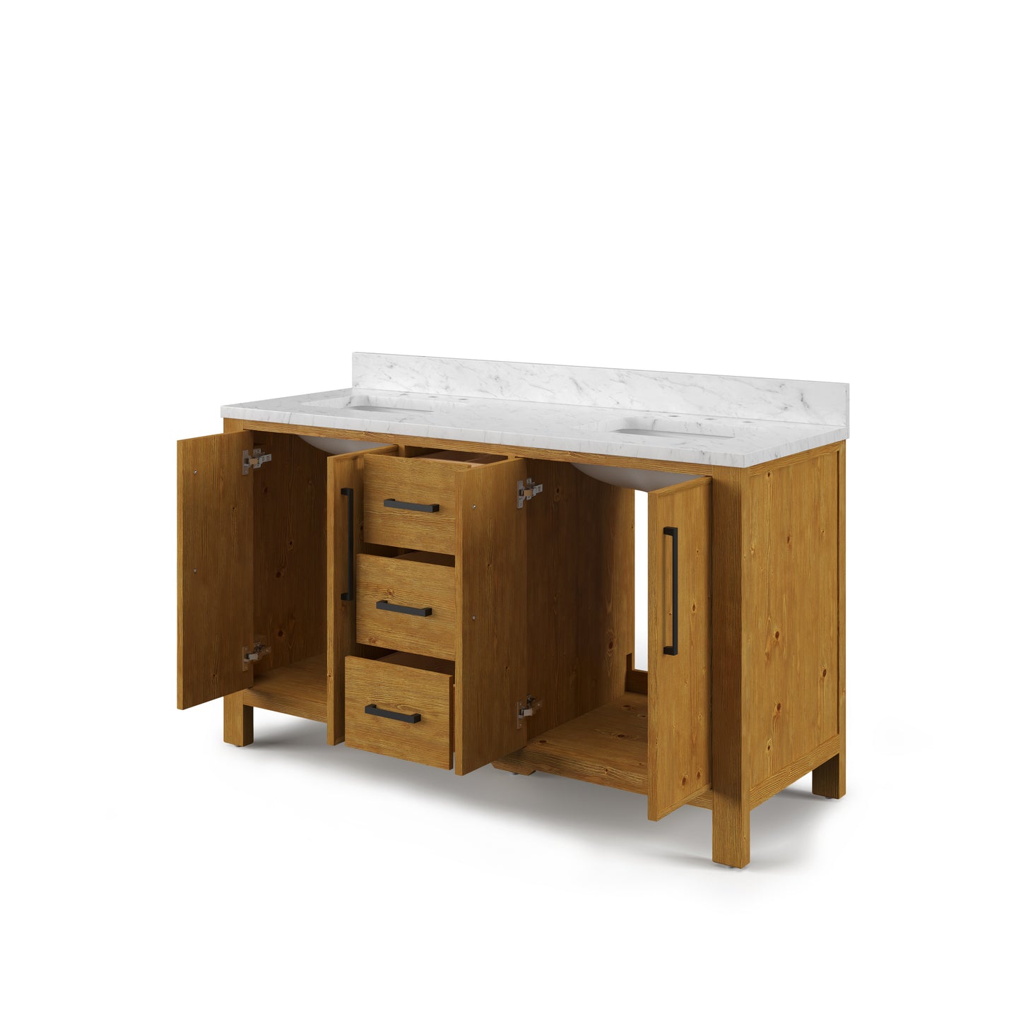 Dino 60 in. Double Sinks Carrara White Engineered Marble Countertop Bath Vanity in Sierra Oak