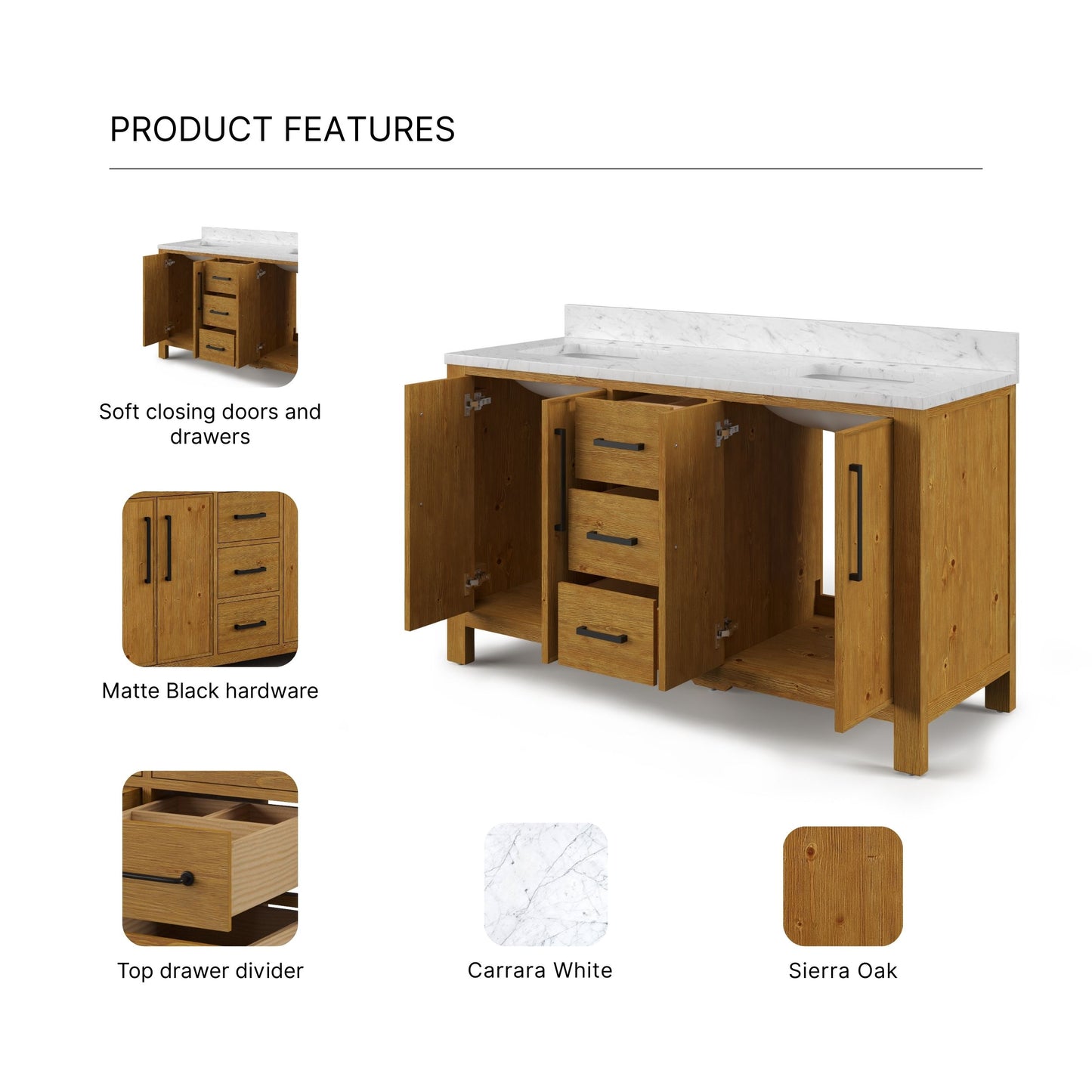 Dino 60 in. Double Sinks Carrara White Engineered Marble Countertop Bath Vanity in Sierra Oak