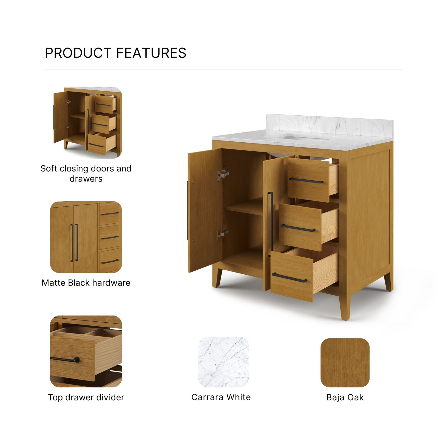 Lusso 36 in. Single Sink Carrara White Engineered Marble Countertop Bath Vanity in Baja Oak