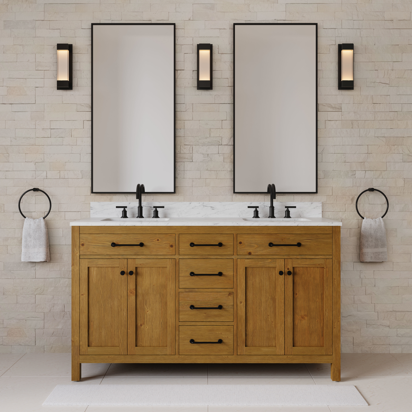 Pista 60 in. Double Sinks Carrara White Engineered Marble Countertop Bath Vanity in Sierra Oak