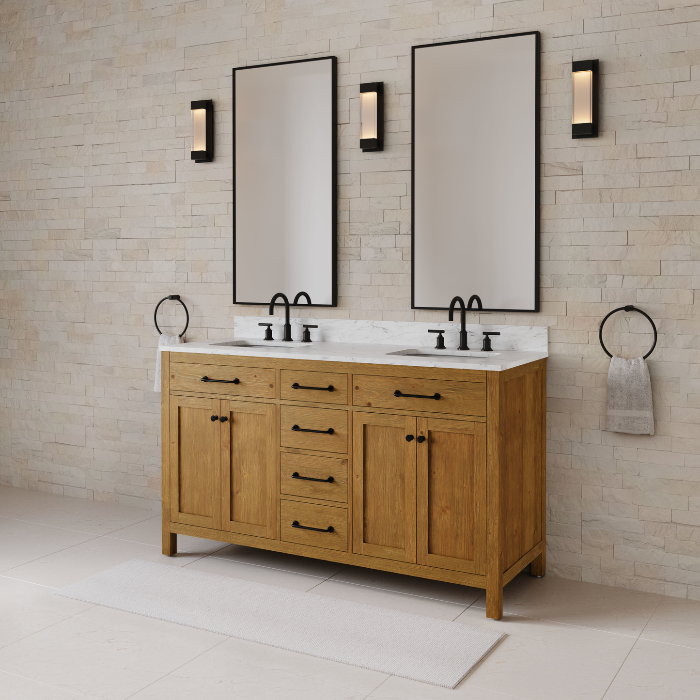 Pista 60 in. Double Sinks Carrara White Engineered Marble Countertop Bath Vanity in Sierra Oak