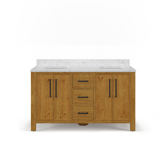 Dino 60 in. Double Sinks Carrara White Engineered Marble Countertop Bath Vanity in Sierra Oak