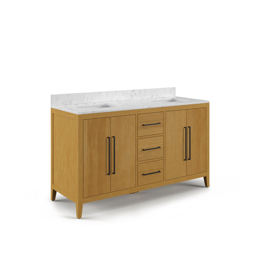 Lusso 60 in. Double Sinks Carrara White Engineered Marble Countertop Bath Vanity in Baja Oak