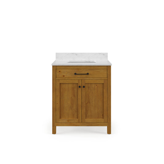 Pista 30 in. Single Sink Carrara White Engineered Marble Countertop Bath Vanity in Sierra Oak