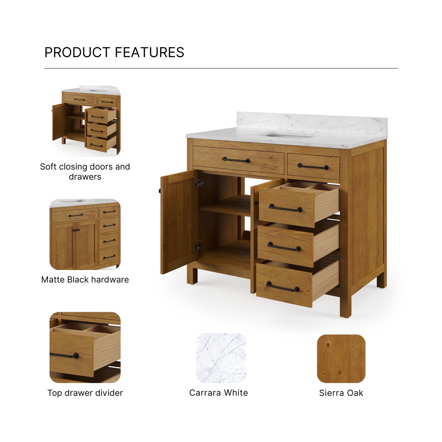 Pista 42 in. Single Sink Carrara White Engineered Marble Countertop Bath Vanity in Sierra Oak